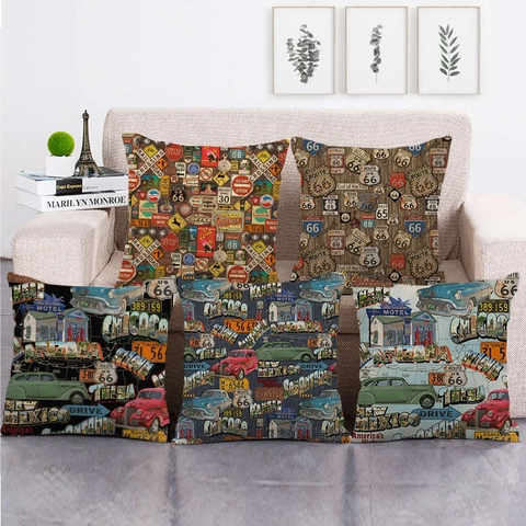Vintage American Route 66 Linen Cushion Cover Retro Road Trip Industrial Style Throw Pillowcase Home Decor