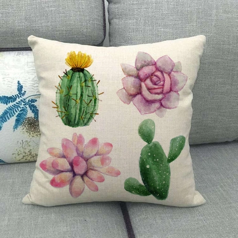 Succulent Cactus Pattern Linen Cushion Cover Watercolor Plant Pillowcase For Sofa Home Decor Modern Nordic Decorative Square Throw Pillowcase