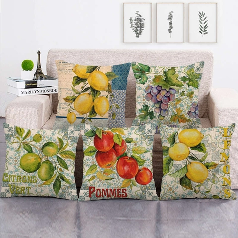 Federa Per Cuscino Frutta Vintage Lino Cotone Federa Decorativa Per Divano Casa Soggiorno Limone Mela Uva Stampa