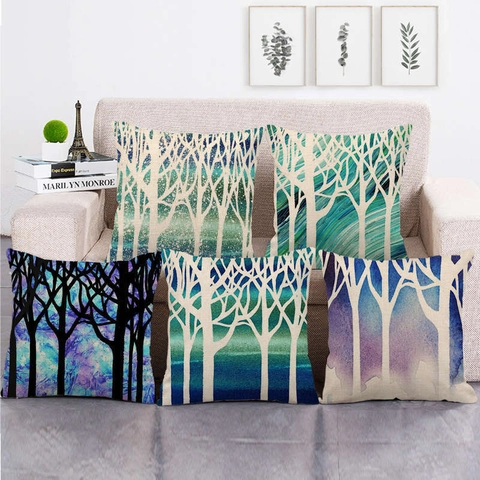 Funda De Cojín Con Estampado De Árbol Abstracto Lino Algodón Colorido Funda De Almohada Decorativa Para Sofá Hogar Moderno Artístico