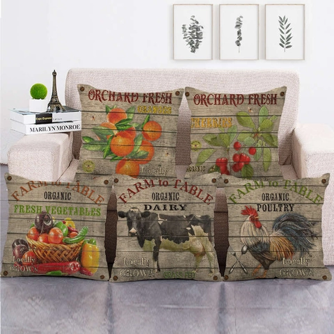 Vintage Farmhaus Kissenbezug Leinen Rustikale Holzmaserung Obst Tier Druck Kissenhülle Für Sofa Haus Deko