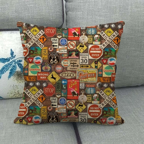 Vintage American Route 66 Linen Cushion Cover Retro Road Trip Industrial Style Throw Pillowcase Home Decor