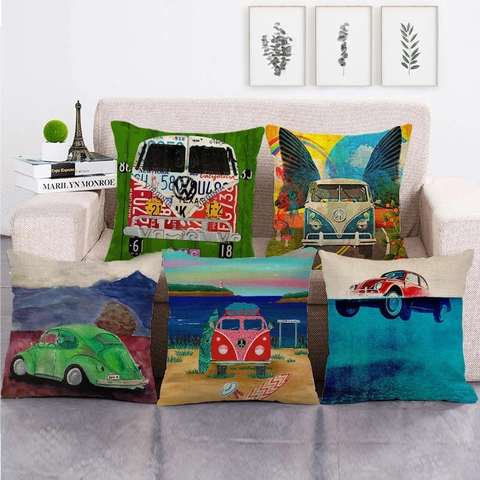 Vintage Linen Throw Pillow Case Retro Classic Car Print Square Decorative Cushion Cover for Home Sofa Living Room Decor