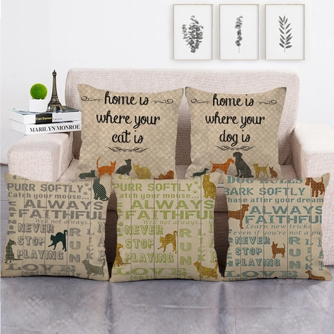 Huisdier Thema Linnen Kussenhoes Vierkante Kussensloop Kat Hond Silhouetten Inspirerende Citaten Voor Sofa Bank Woonkamer Decor
