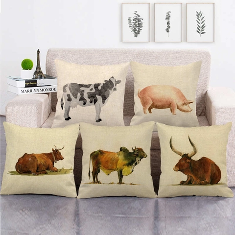 Square Cushion Covers Linen Cotton Farm Animal Oil Painting Style Cow Horse Pig Decorative Pillowcases For Home Sofa Couch
