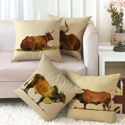 Square Cushion Covers Linen Cotton Farm Animal Oil Painting Style Cow Horse Pig Decorative Pillowcases For Home Sofa Couch