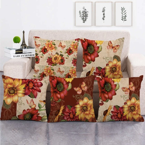Vintage Bloemen Linnen Sierkussensloop Zonnebloem Vlinder Decoratieve Kussenhoes Voor Bank Sofa Home Decor Vierkante Kussenhoes