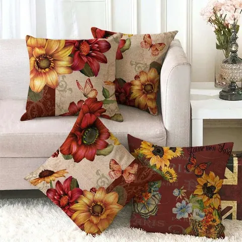 Vintage Bloemen Linnen Sierkussensloop Zonnebloem Vlinder Decoratieve Kussenhoes Voor Bank Sofa Home Decor Vierkante Kussenhoes