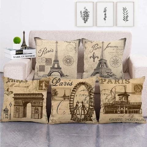Funda de Almohada de Algodón y Lino Vintage París Torre Eiffel Funda de Cojín Cuadrada Decorativa para Sofá Hogar Oficina