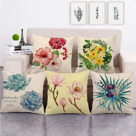 Funda De Cojín Mezcla De Lino Acuarela Floral Botánica Cuadrada Funda De Almohada Decoración Sofá Hogar Estilo Rústico