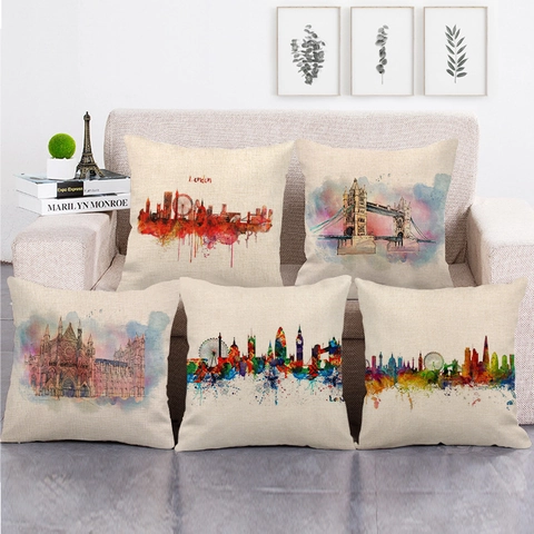 Watercolor City Landscape Linen Throw Pillow Cover London Paris Rome Landmark Print Decorative Square Cushion Case For Home Sofa
