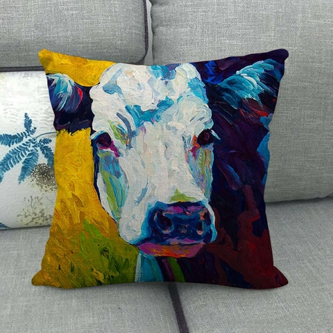 Artistic Cow Bull Oil Painting Linen Decorative Pillowcase Cushion Cover Square Sofa Home Decor