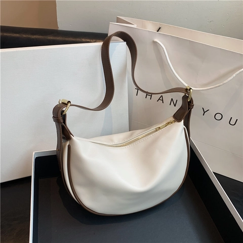 Crescent Half Moon Shoulder Bag PU Leather Underarm Crossbody Retro Solid Color Minimalist For Women