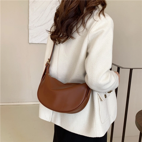 Crescent Half Moon Shoulder Bag PU Leather Underarm Crossbody Retro Solid Color Minimalist For Women