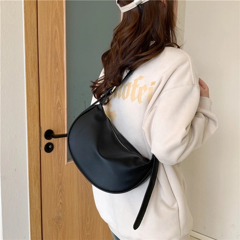 Bolso Hobo De Media Luna De Cuero PU Retro Para Mujer Bolso De Axila Casual Color Sólido Contraste Bolso De Hombro De Moda
