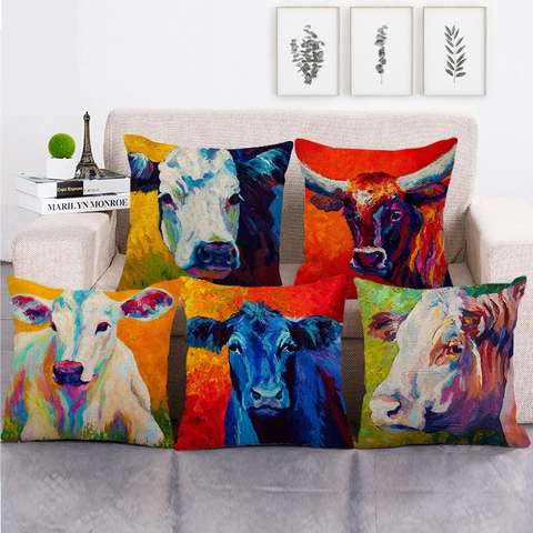 Artistic Cow Bull Oil Painting Linen Decorative Pillowcase Cushion Cover Square Sofa Home Decor