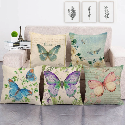 Vlinderprint Linnen Kussensloop Decoratieve Kussenhoes Vintage Landelijke Stijl Voor Sofa Woonkamer