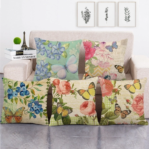 Taie d'Oreiller Décorative Vintage Papillon Floral En Coton Et Lin Style Pastoral Américain Housse De Coussin Pour Canapé