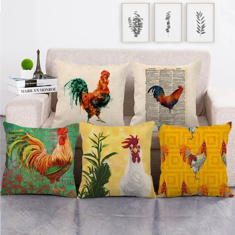 Vintage Country Rooster Linen Pillow Cover Decorative Farmhouse Cushion Case For Sofa Living Room Bedroom Home Decor