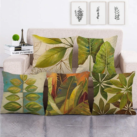 Federa in Lino Acquerello Pianta Tropicale Foglie Verdi Fodera Per Cuscino Decorativo Quadrato Per Divano Soggiorno Decorazioni Per La Casa