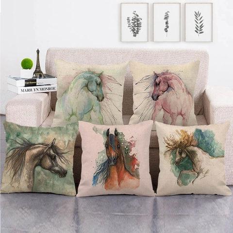 Kissenbezug Mit Aquarell Pferd Kunst Druck Leinen Baumwolle Dekorative Quadratische Kissenhülle Für Wohnzimmer