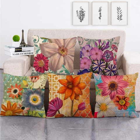 Vintage Blumen Leinen Kissenbezug Bunte Blumen Schmetterling Druck Kissenhülle Dekorative Quadratisch Für Couch Sofa Home Decor