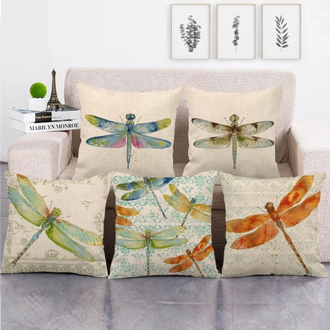 Vintage Dragonfly Print Cotton Linen Square Pillow Case Decorative Cushion Cover For Sofa Living Room Home Decor 45x45cm