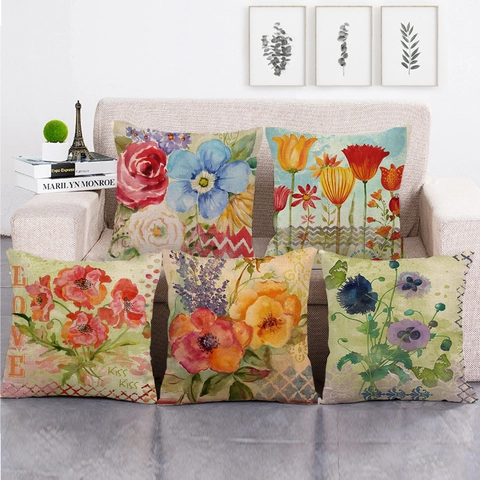 Funda de Cojín Decorativa de Mezcla de Lino Acuarela Floral Pájaro Hoja Tropical Cuadrada para Sofá Hogar