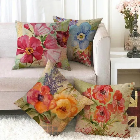 Funda de Cojín Decorativa de Mezcla de Lino Acuarela Floral Pájaro Hoja Tropical Cuadrada para Sofá Hogar