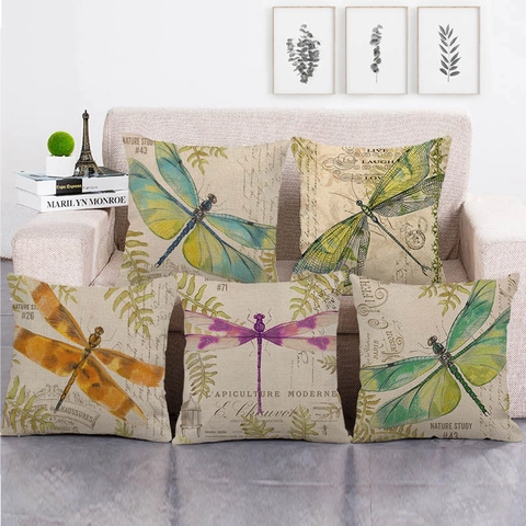 Vintage Linnen Libel Print Kussenhoes Decoratieve Retro Botanische Natuur Kussensloop Voor Bank Couch Home Decor Vierkant
