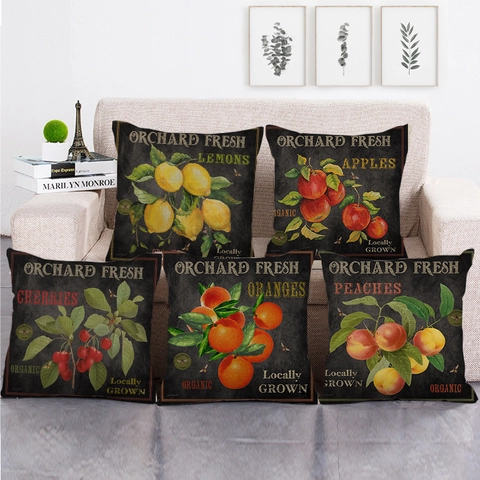 Taie d'Oreiller en Lin Noir Vintage Motif Fruits Citron Pomme Style Ferme Housse de Coussin Décorative Carrée pour Canapé