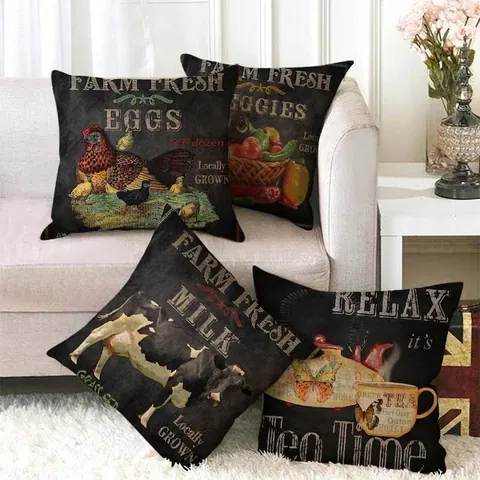 Taie d'Oreiller en Lin Noir Vintage Motif Fruits Citron Pomme Style Ferme Housse de Coussin Décorative Carrée pour Canapé
