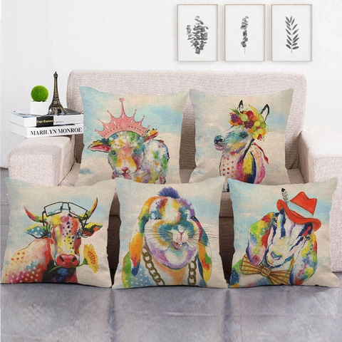 Künstlerischer Tierdruck Kissenbezug Leinen Dekokissen Bezug Für Sofa Wohnzimmer Home Decor Aquarell Illustration Stil