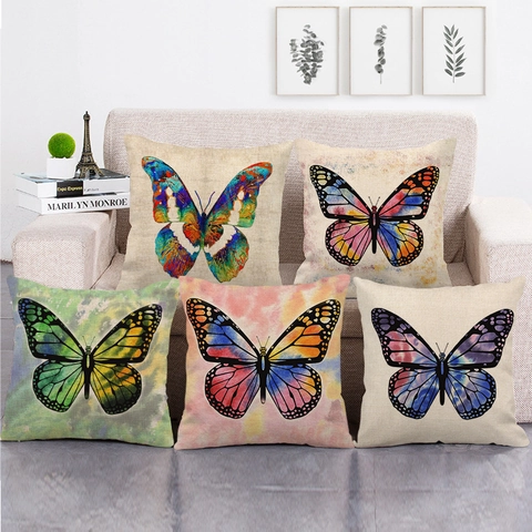 Funda De Cojín De Lino Con Patrón De Mariposa Acuarela Abstracta Cuadrada Decoración Hogar Sofá