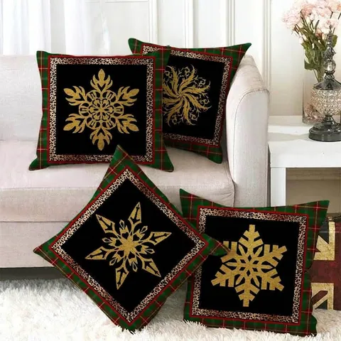 Kerst Kussenhoezen Linnen Gouden Sneeuwvlok Luipaardprint Rand Schotse Ruit Vierkante Decoratieve Kussenhoezen
