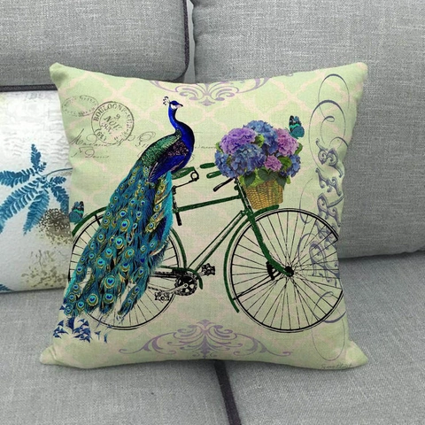 Housse de Coussin en Lin Vintage Motif Floral de Paon Taie d'Oreiller Carrée Rétro Style Français Pour Canapé Décoration Maison