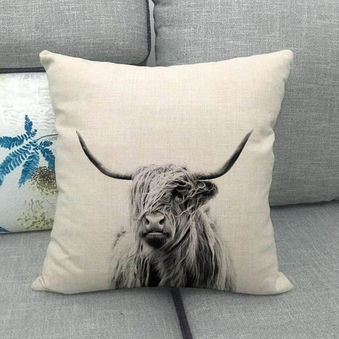Highland Cow Decorative Cushion Cover Linen Pillowcase Scottish Cattle Print Square Couch Throw Pillow Case Home Decor