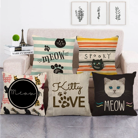 Decoratieve Linnen Kussensloop Kat Patroon Vierkante Kussenhoes Voor Bank Woonkamer Vintage Schattig Dierontwerp
