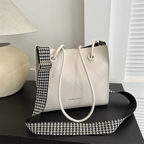 Women Tote Bag PU Leather Quilted Rhombic Pattern Wide Houndstooth Strap Large Capacity Commuter Shoulder Handbag Fashion