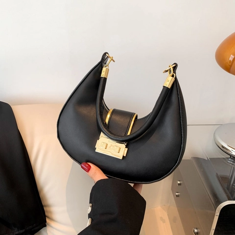 Bolso De Hombro De Media Luna Cuir PU Hebilla Dorada Bolso De Axila Hobo De Mano Retro Elegante Color Sólido Para Mujer