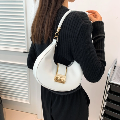 Bolso De Hombro De Media Luna Cuir PU Hebilla Dorada Bolso De Axila Hobo De Mano Retro Elegante Color Sólido Para Mujer