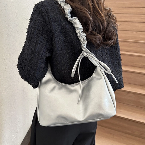 Borsa Sottoascellare Hobo In Pelle PU Da Donna Tracolla Arricciata Dettaglio Fiocco Minimalista Retro Borsa A Spalla