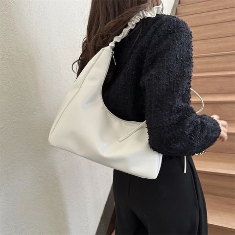 Women Fashion Pleated Handle Underarm Bag Large Capacity Hobo Bag Bow Decoration PU Leather Shoulder Bag For Daily Use