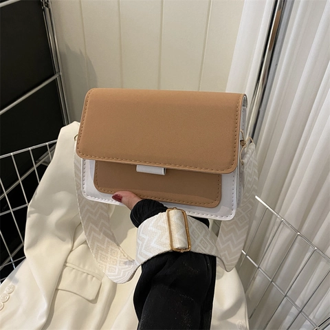 Women Small Square Crossbody Bag PU Leather Wide Geometric Strap Fashion Flap Shoulder Handbag Trendy
