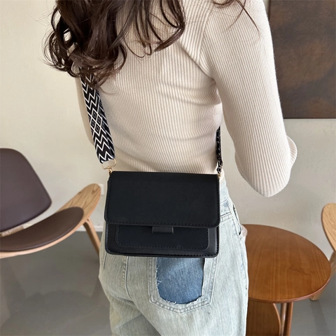Women Small Square Crossbody Bag PU Leather Wide Geometric Strap Fashion Flap Shoulder Handbag Trendy