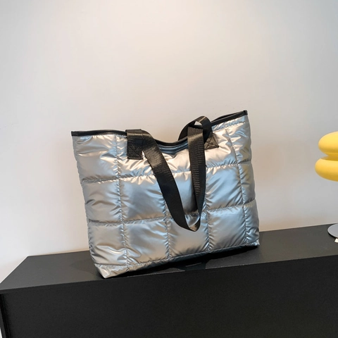 Women Large Capacity Quilted Puffer Tote Bag Metallic Cotton Padded Square Pattern Shoulder Handbag Streetwear