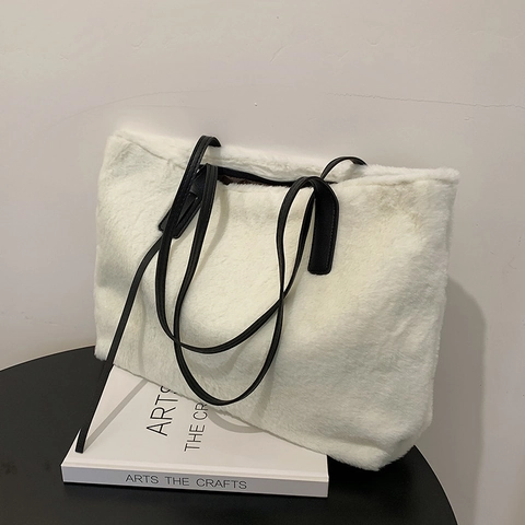 Borsa Tote In Peluche E Pelliccia Sintetica Da Donna Grande Capacità Morbida Invernale Borsa Spalla Casual Cinghie Similpelle