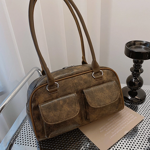 Borsa A Spalla In Pelle PU Retrò Per Donna Borsa A Mano Hobo Vintage Con Doppie Tasche Anteriori Minimalista Casual Tote