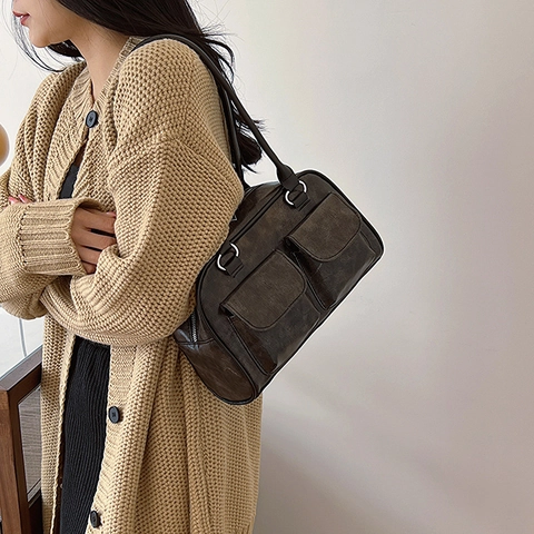 Borsa A Spalla In Pelle PU Retrò Per Donna Borsa A Mano Hobo Vintage Con Doppie Tasche Anteriori Minimalista Casual Tote