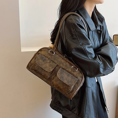 Borsa a Spalla in Pelle PU Vintage Distressed da Donna Borsa Sottobraccio con Doppie Tasche Anteriori Tote Handbag Casual Moda Quotidiana